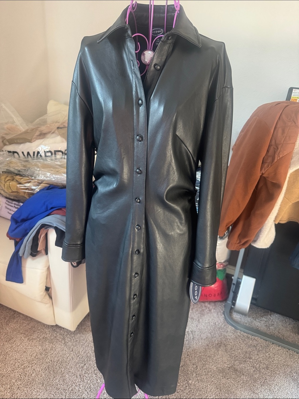 Scoop Black Faux Leather Long Button-Front leather dress